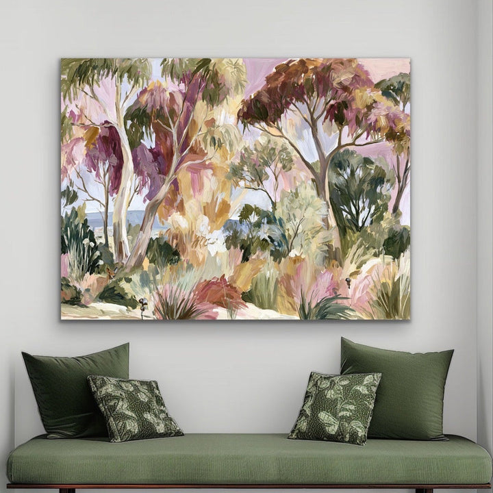 Modern interior with a bench, decorative pillows, and a colorful forest painting on the wall.