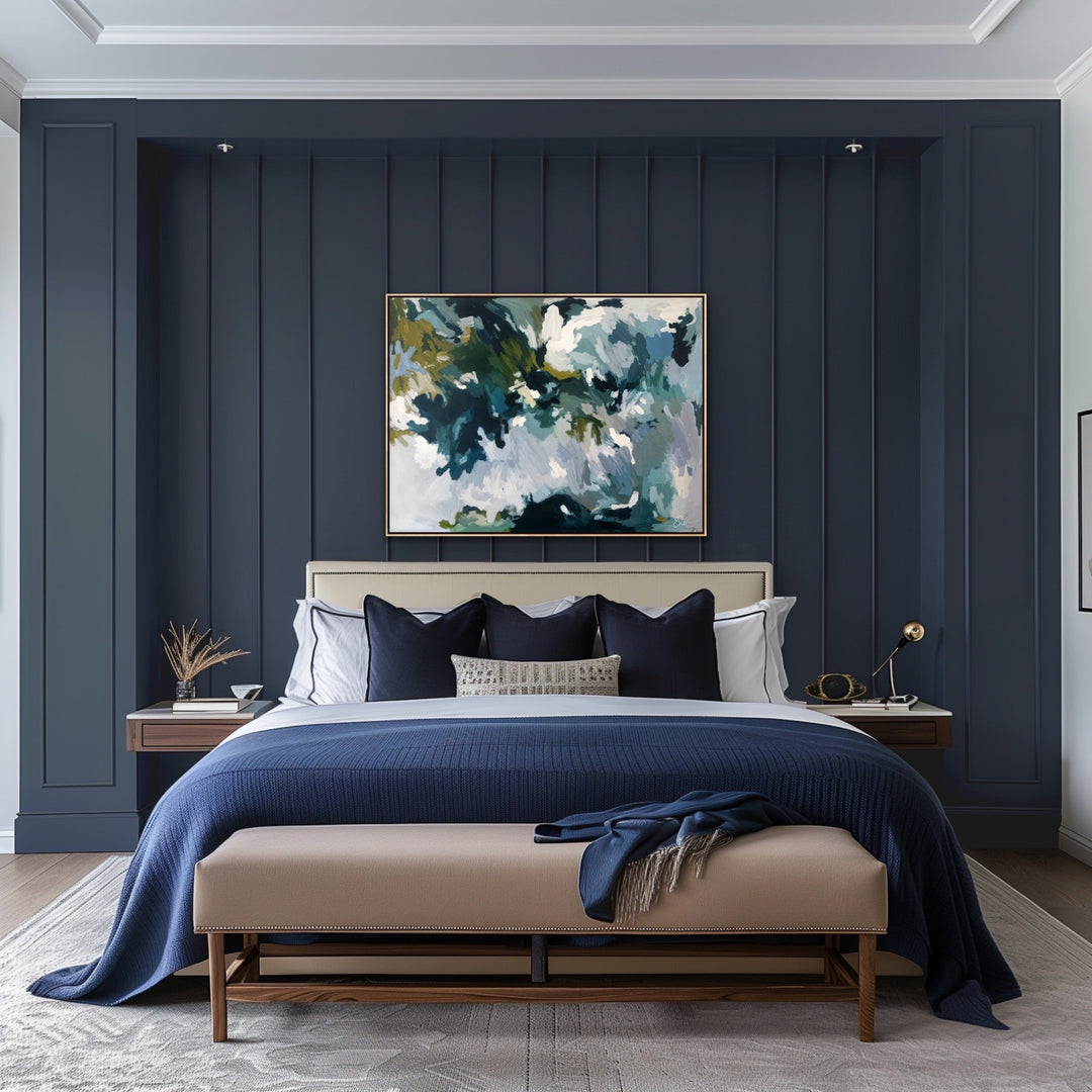 Navy blue textured bedspread draped over beige upholstered bench with dappled lights in the rainforest canvas print