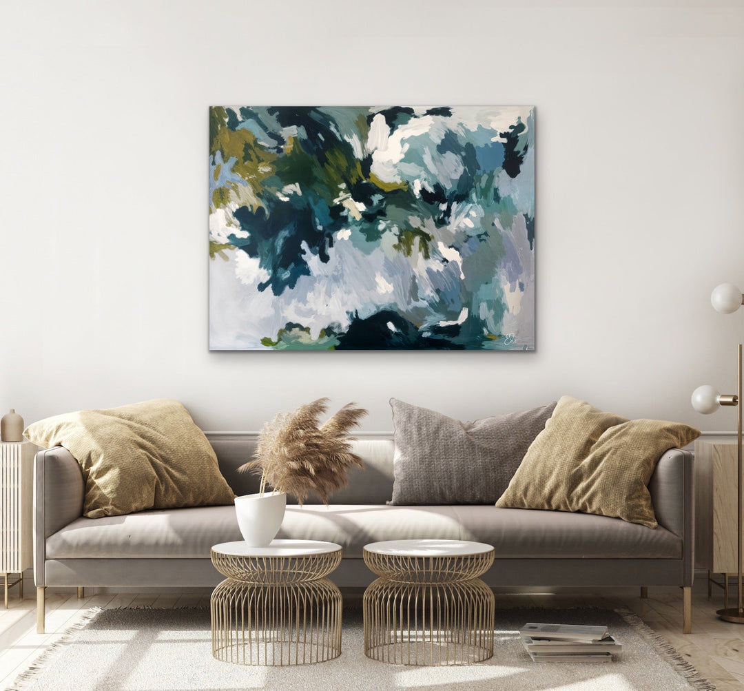 Dappled lights in the rainforest green and blue abstract canvas print with swirling teal navy white and muted green strokes by Edie Fogarty