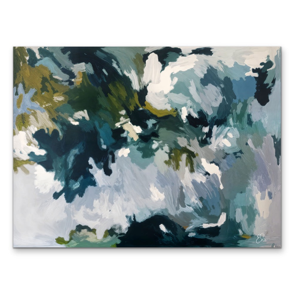 Abstract canvas painting dappled lights in the rainforest by edie fogarty with bold teal navy blue white and olive green brushstrokes