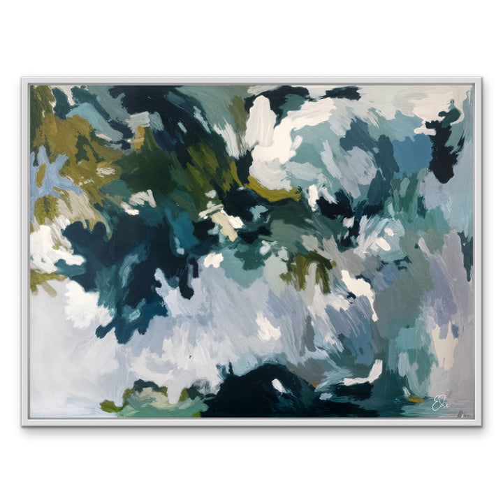 Abstract painting canvas print dappled lights in the rainforest with teal navy blue white and olive green in silver frame