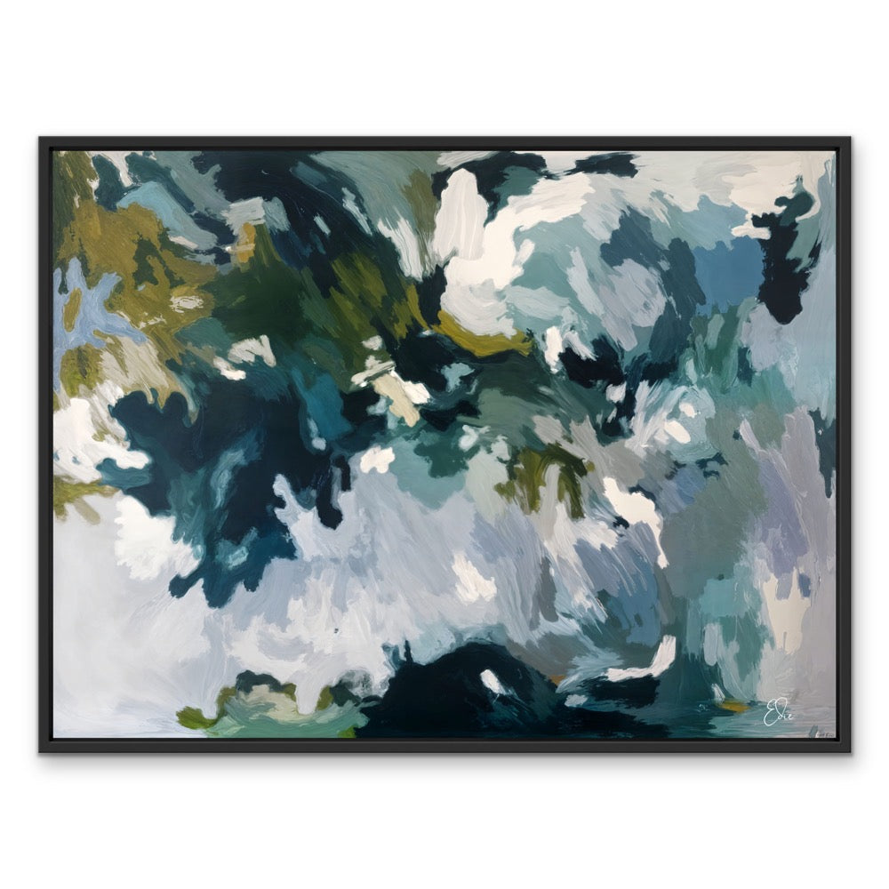 Abstract painting dappled lights in the rainforest with teal navy blue white and olive green brushstrokes in black frame