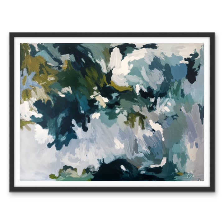 Abstract painting canvas print dappled lights in the rainforest with teal navy blue olive green brushstrokes in black frame