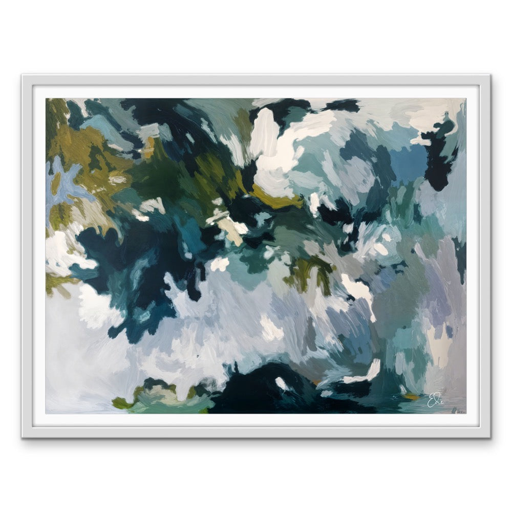 Abstract painting canvas print dappled lights in the rainforest with teal navy blue green brushstrokes in white frame