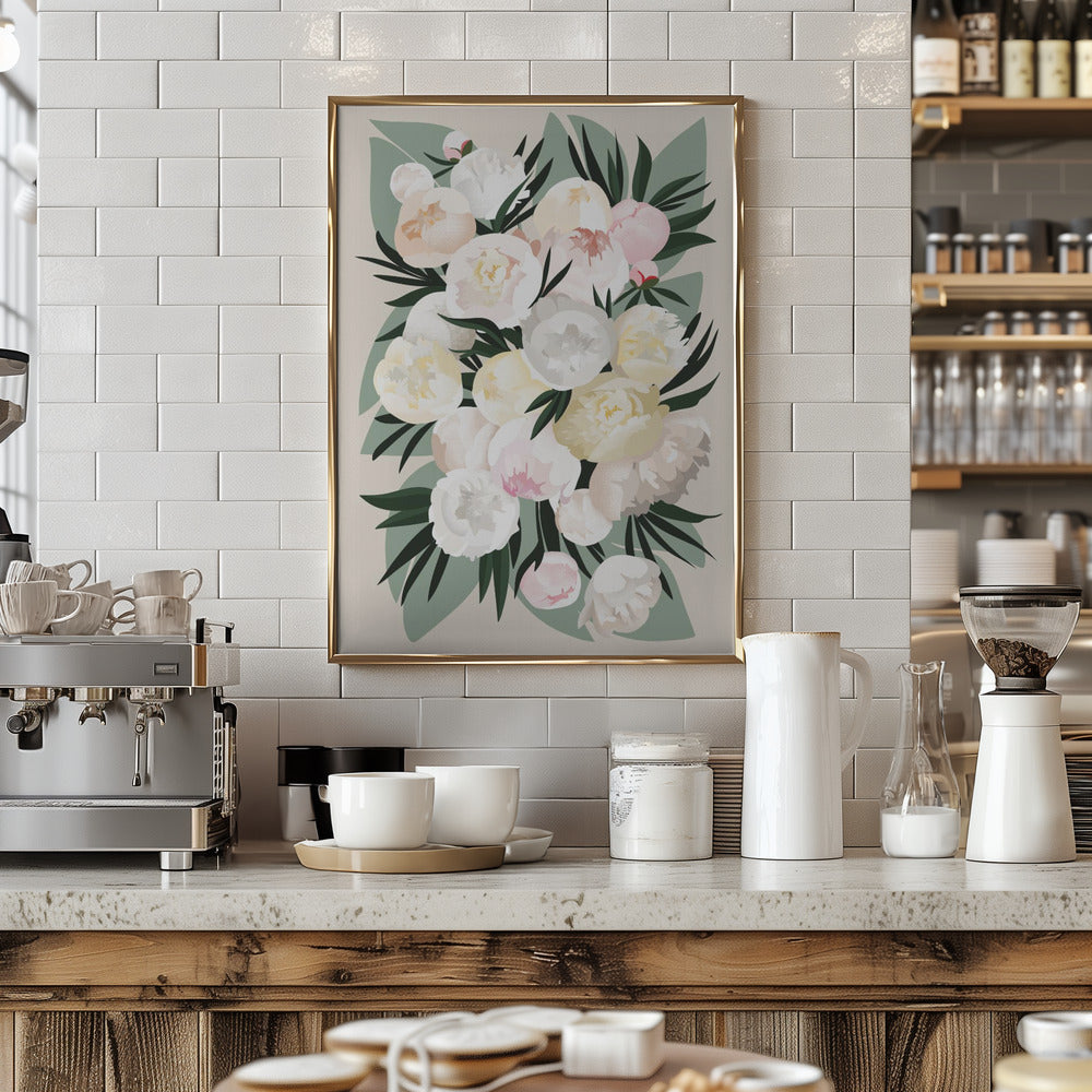 Dara bouquet with leaves and peonies - Stretched Canvas, Poster or Fine Art Print I Heart Wall Art