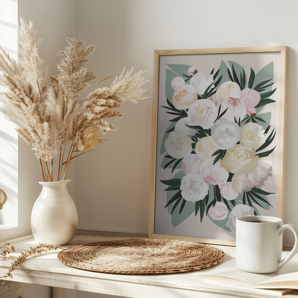 Dara bouquet with leaves and peonies - Stretched Canvas, Poster or Fine Art Print I Heart Wall Art