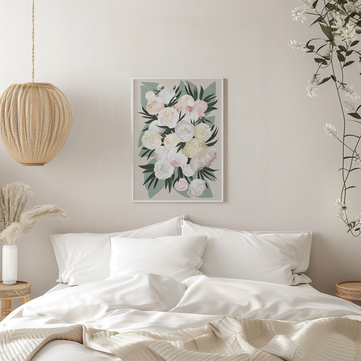 Dara bouquet with leaves and peonies - Stretched Canvas, Poster or Fine Art Print I Heart Wall Art