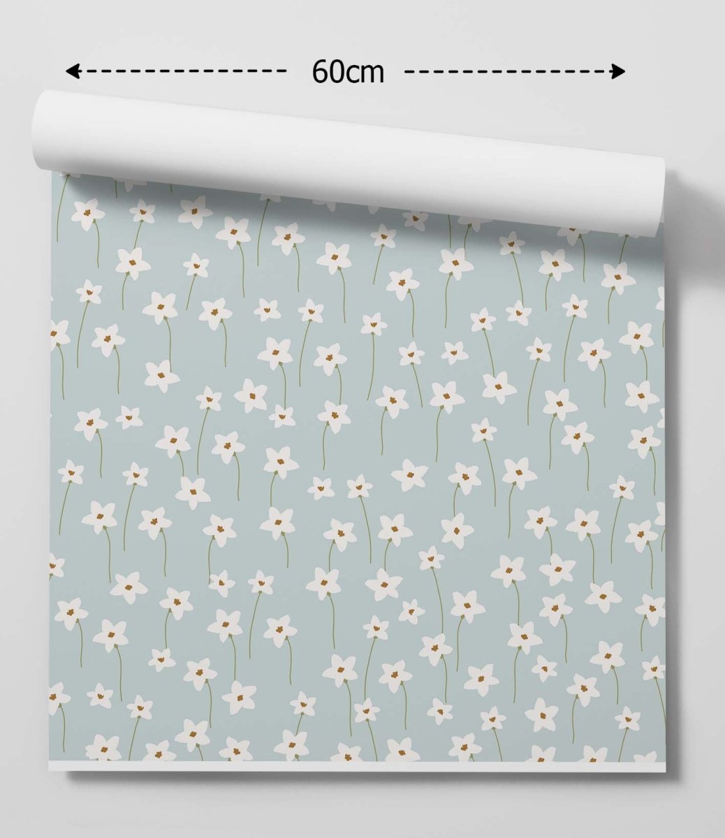 'Day for Daisies' - BLUE Vintage White and Blue Floral Removable Wallpaper - I Heart Wall Art - Poster Print, Canvas Print or Framed Art Print