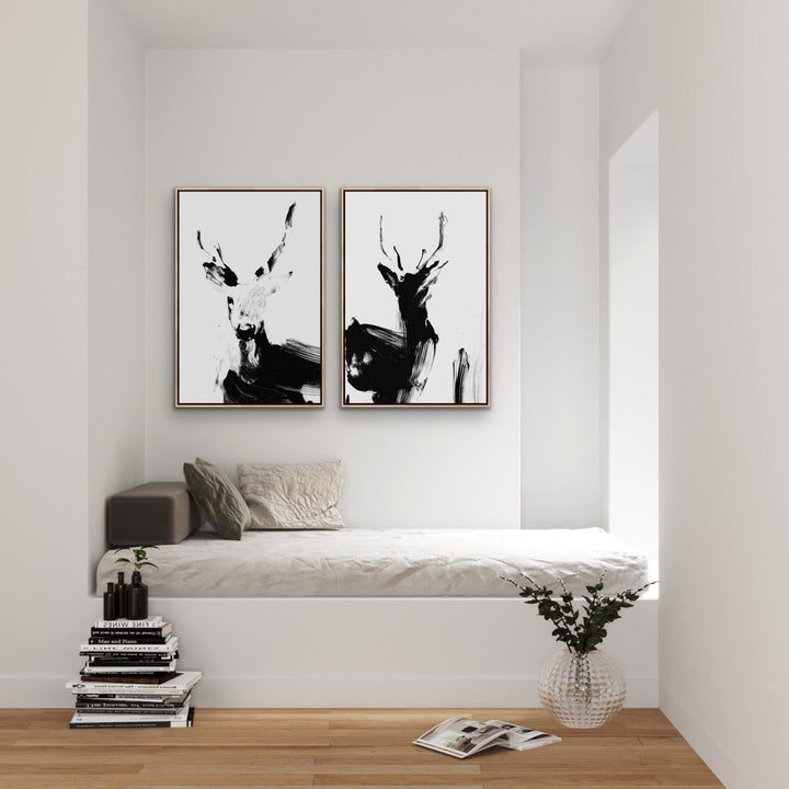Deer Duo - Two Piece Black And White Print Set - I Heart Wall Art - Poster Print, Canvas Print or Framed Art Print