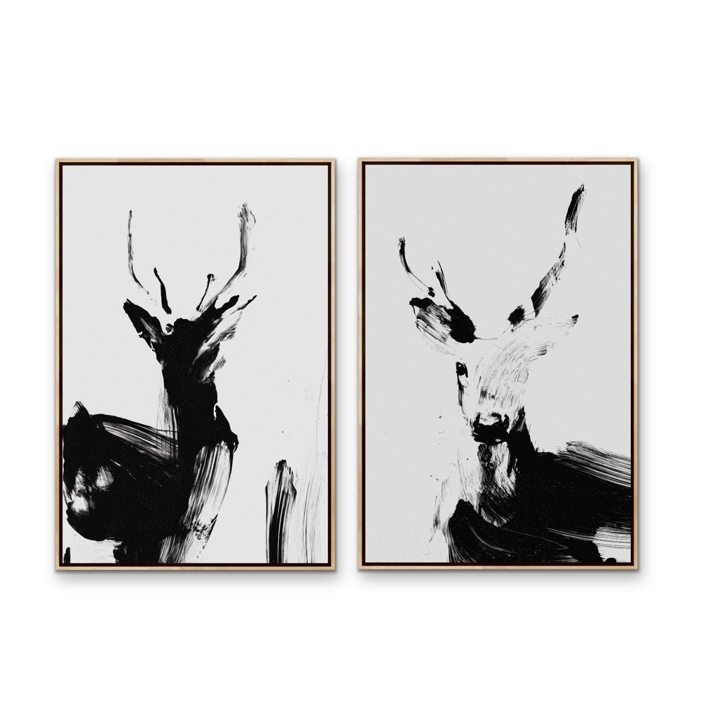 Deer Duo - Two Piece Black And White Print Set - I Heart Wall Art - Poster Print, Canvas Print or Framed Art Print
