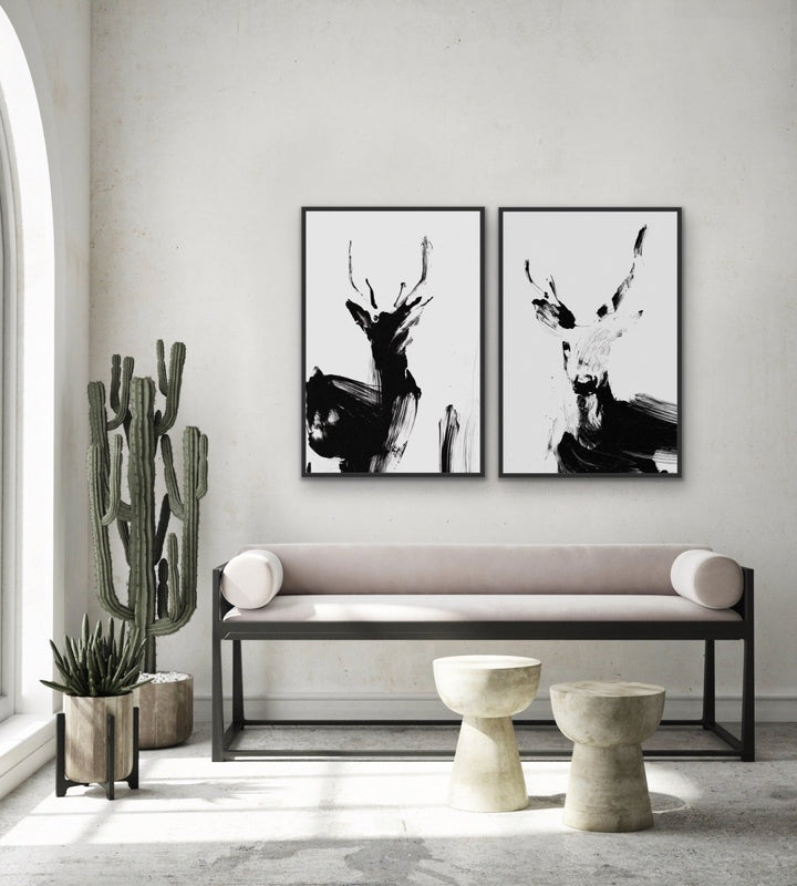 Deer Duo - Two Piece Black And White Print Set - I Heart Wall Art - Poster Print, Canvas Print or Framed Art Print