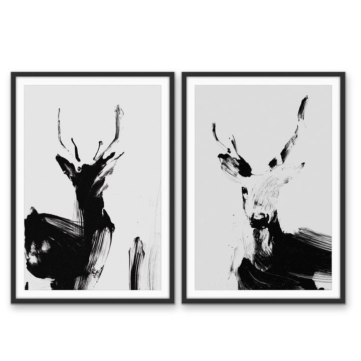 Deer Duo - Two Piece Black And White Print Set - I Heart Wall Art - Poster Print, Canvas Print or Framed Art Print