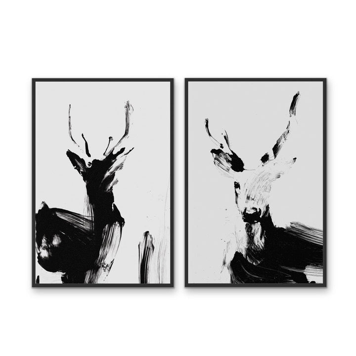Deer Duo - Two Piece Black And White Print Set - I Heart Wall Art - Poster Print, Canvas Print or Framed Art Print