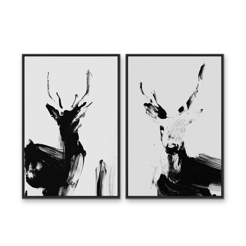 Deer Duo - Two Piece Black And White Print Set - I Heart Wall Art - Poster Print, Canvas Print or Framed Art Print