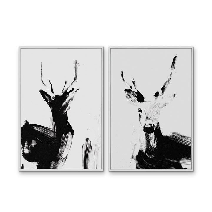 Deer Duo - Two Piece Black And White Print Set - I Heart Wall Art - Poster Print, Canvas Print or Framed Art Print