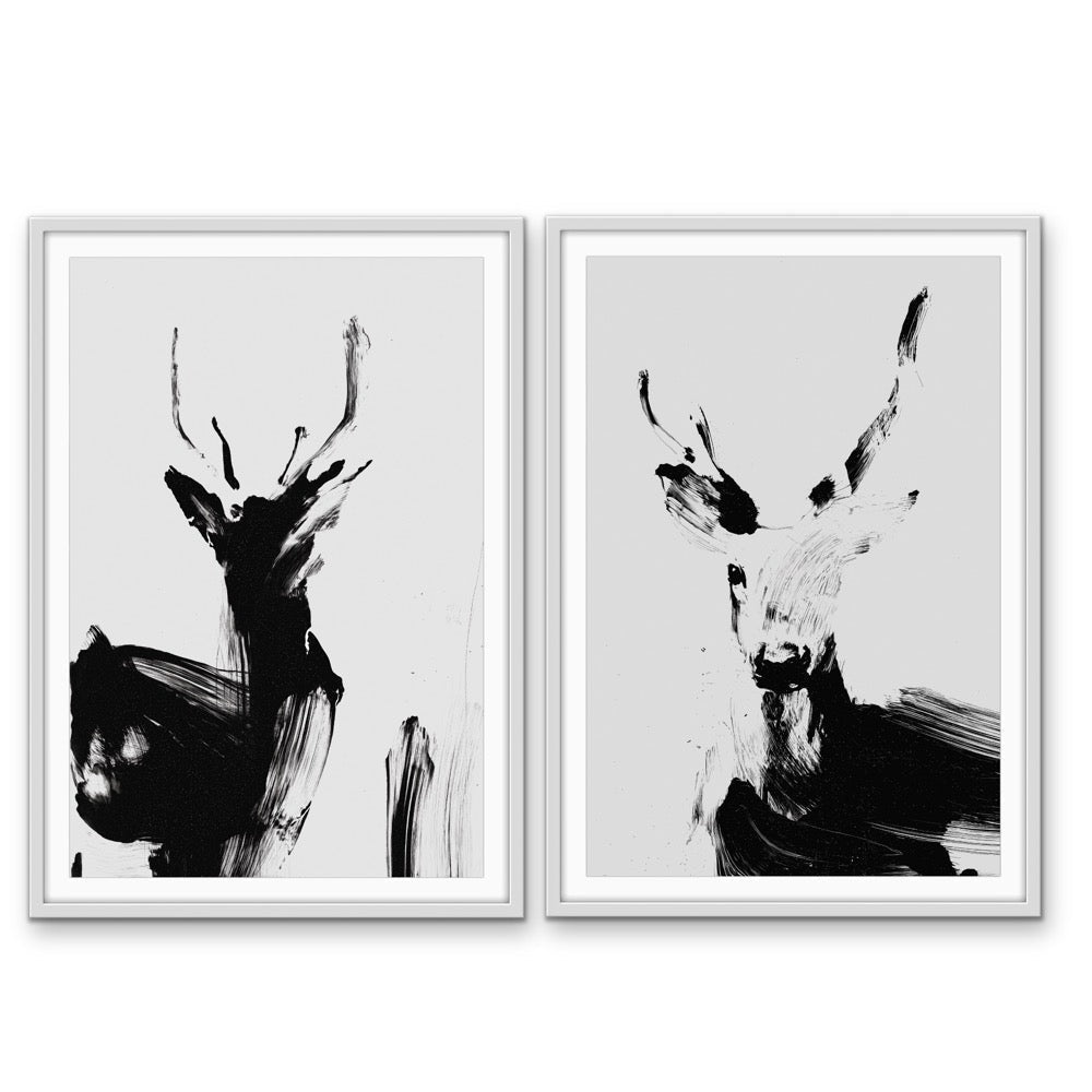 Deer Duo - Two Piece Black And White Print Set - I Heart Wall Art - Poster Print, Canvas Print or Framed Art Print