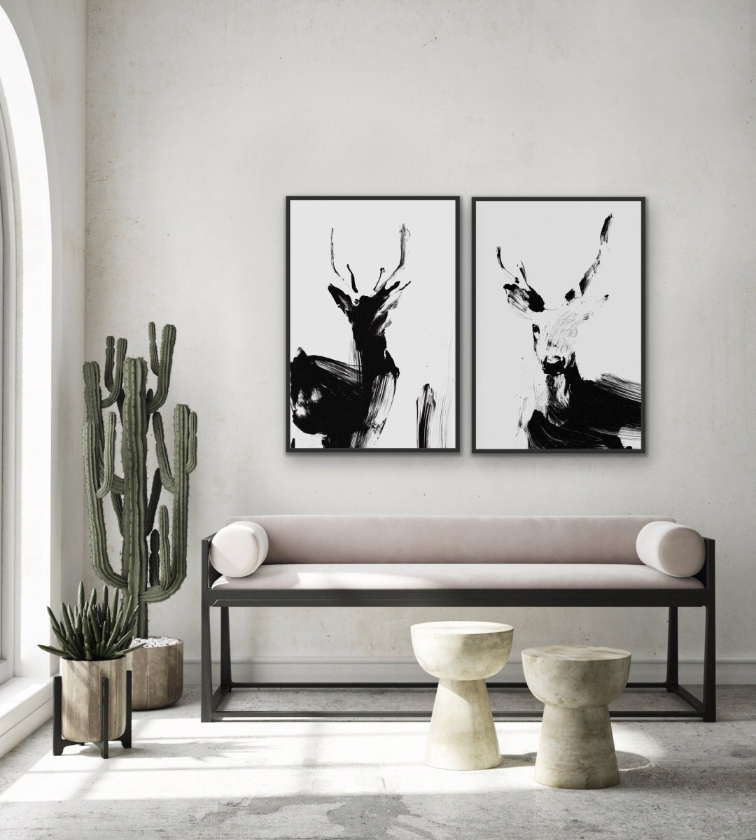 Deer Duo - Two Piece Black And White Print Set - I Heart Wall Art - Poster Print, Canvas Print or Framed Art Print