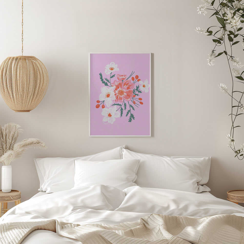 Delicate Floral with Vibrant Pink and White Blooms - Stretched Canvas, Poster or Fine Art Print - I Heart Wall Art - Poster Print, Canvas Print or Framed Art Print