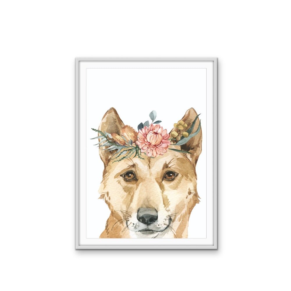 Dingo Flower Crown - Australian Native Animal Stretched Canvas or Wall Art Print - I Heart Wall Art - Poster Print, Canvas Print or Framed Art Print