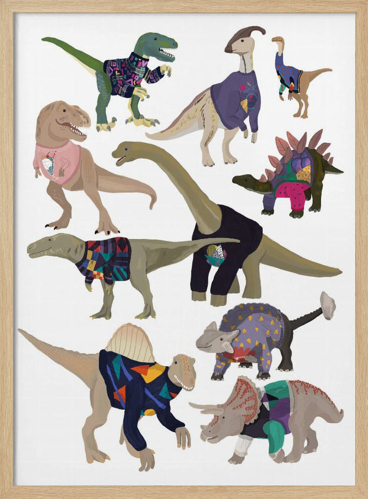 Dinosaurs In 80s Jumpers - Stretched Canvas, Poster or Fine Art Print I Heart Wall Art