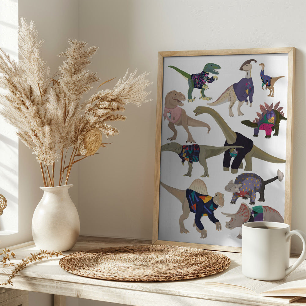 Dinosaurs In 80s Jumpers - Stretched Canvas, Poster or Fine Art Print I Heart Wall Art