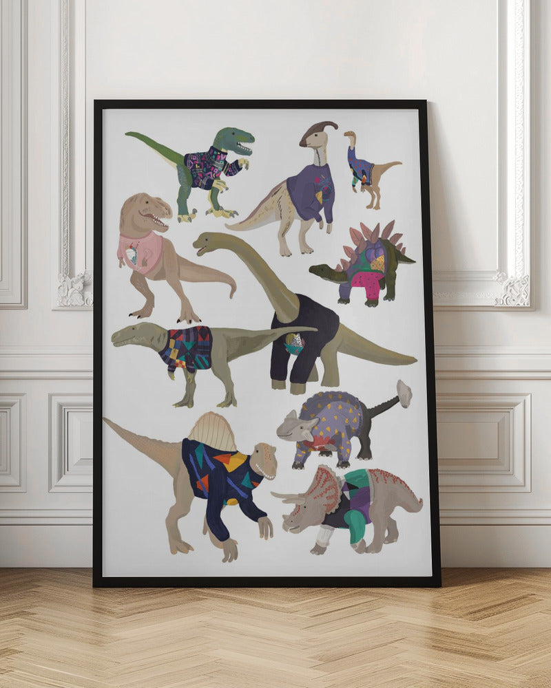 Dinosaurs In 80s Jumpers - Stretched Canvas, Poster or Fine Art Print I Heart Wall Art