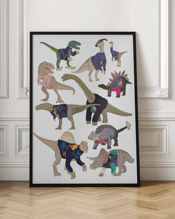 Dinosaurs In 80s Jumpers - Stretched Canvas, Poster or Fine Art Print I Heart Wall Art