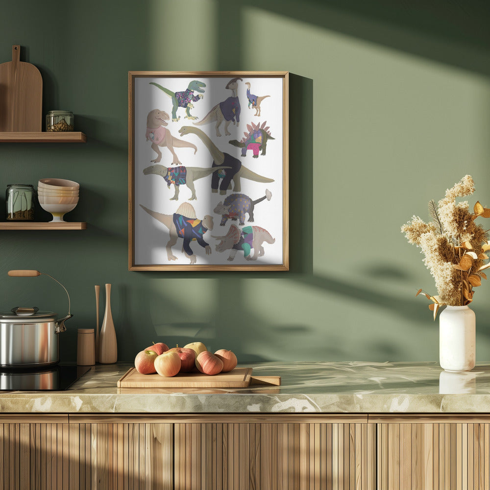 Dinosaurs In 80s Jumpers - Stretched Canvas, Poster or Fine Art Print I Heart Wall Art