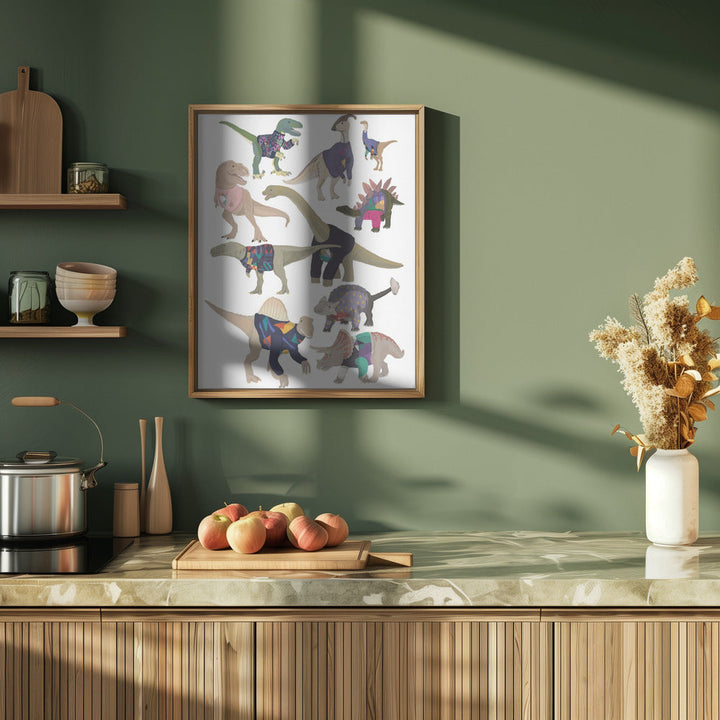 Dinosaurs In 80s Jumpers - Stretched Canvas, Poster or Fine Art Print I Heart Wall Art