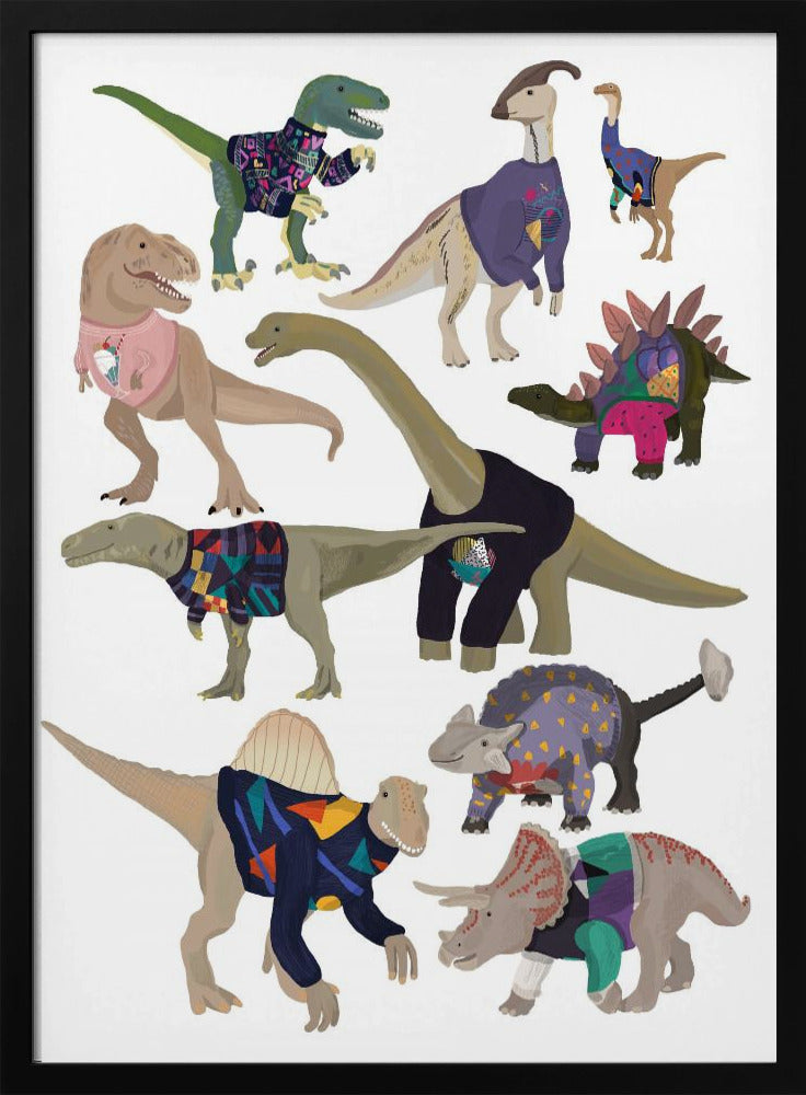 Dinosaurs In 80s Jumpers - Stretched Canvas, Poster or Fine Art Print I Heart Wall Art
