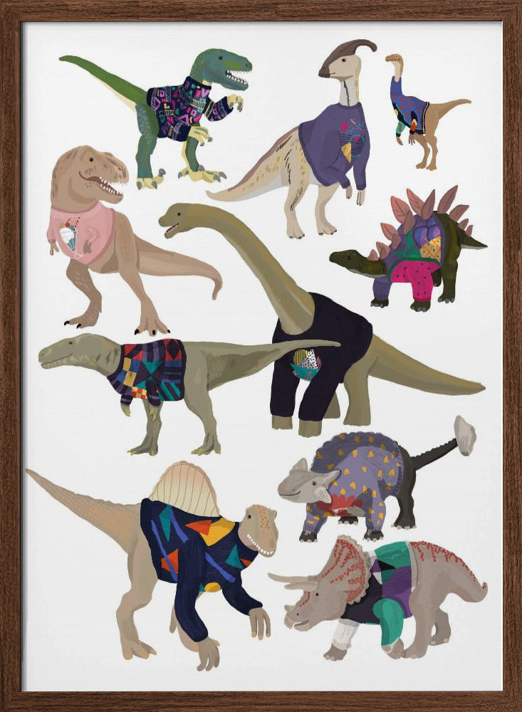 Dinosaurs In 80s Jumpers - Stretched Canvas, Poster or Fine Art Print I Heart Wall Art