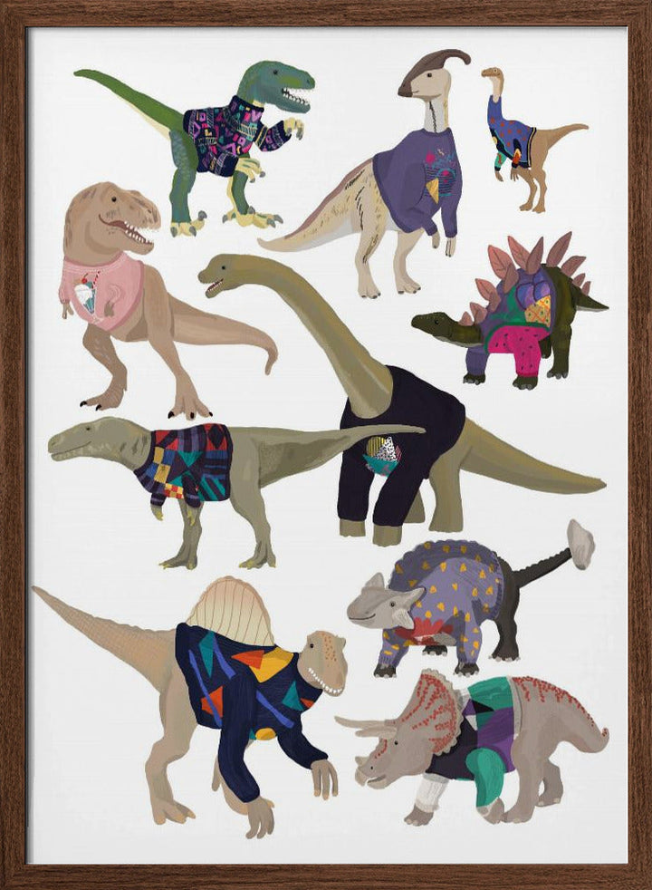 Dinosaurs In 80s Jumpers - Stretched Canvas, Poster or Fine Art Print I Heart Wall Art