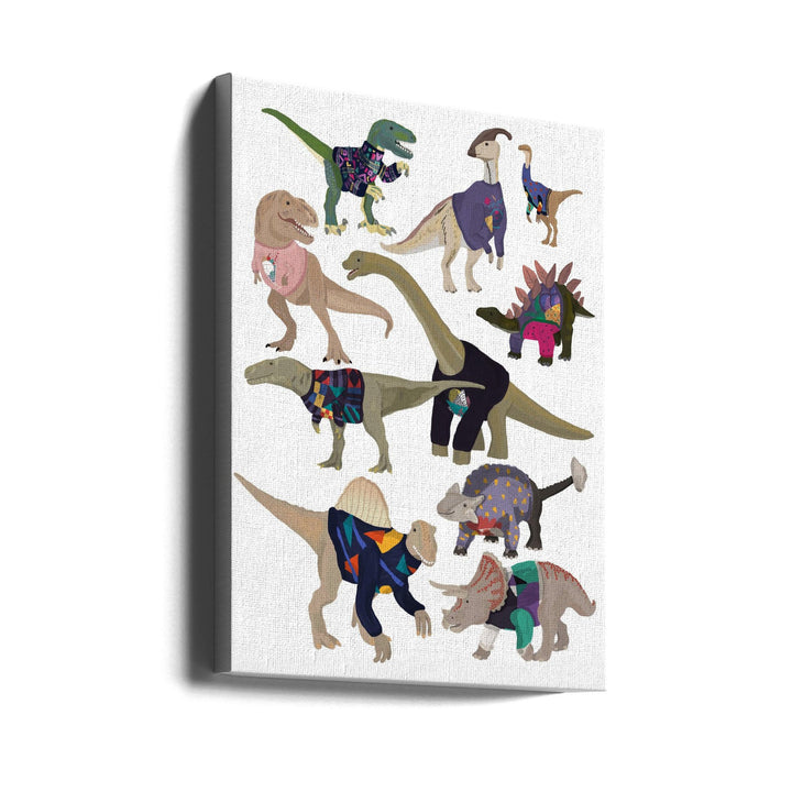 Dinosaurs In 80s Jumpers - Stretched Canvas, Poster or Fine Art Print I Heart Wall Art