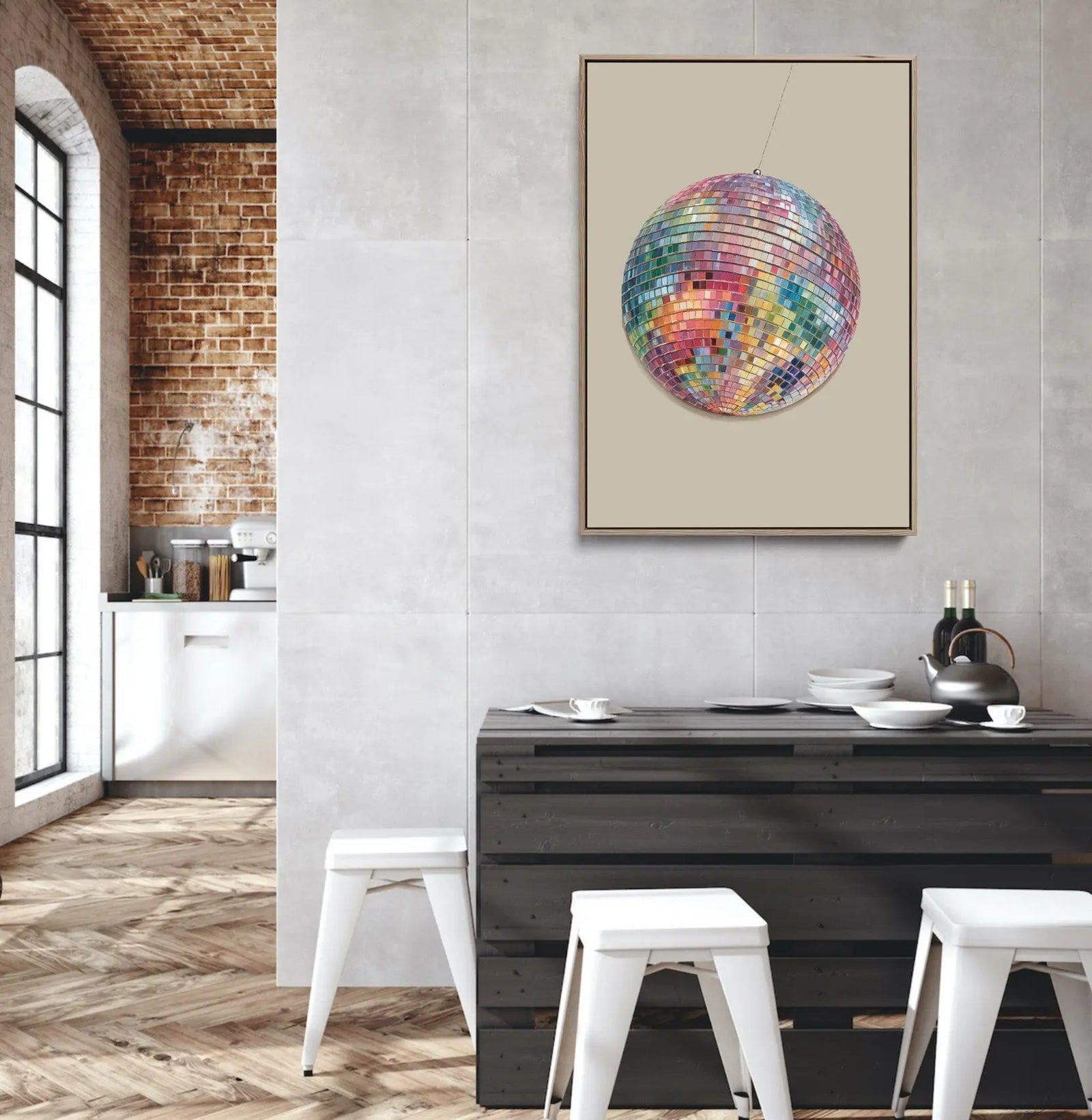 A vibrant multicolored mosaic disco ball artwork framed on canvas above a dark wooden table wall decor print