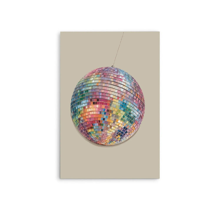 A vibrant multi-colored disco ball stretched canvas print featuring a mosaic of reflective mirror tiles