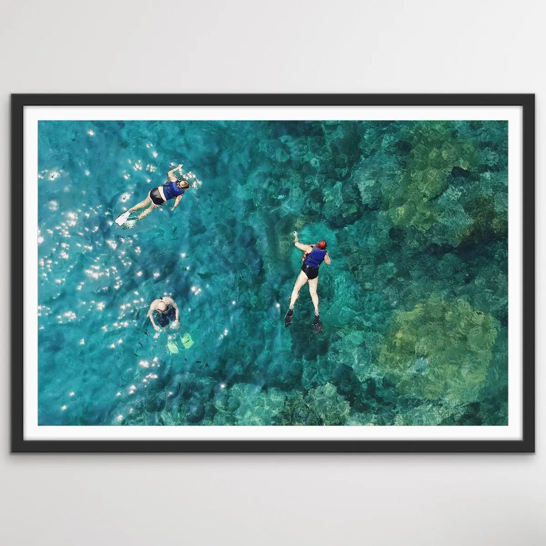 Dive On In- Aerial Photographic Snorkelling Diving Print Of Divers On A Reef I Heart Wall Art Australia 