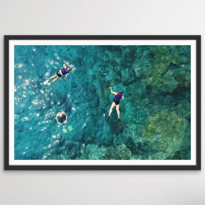 Dive On In- Aerial Photographic Snorkelling Diving Print Of Divers On A Reef I Heart Wall Art Australia 