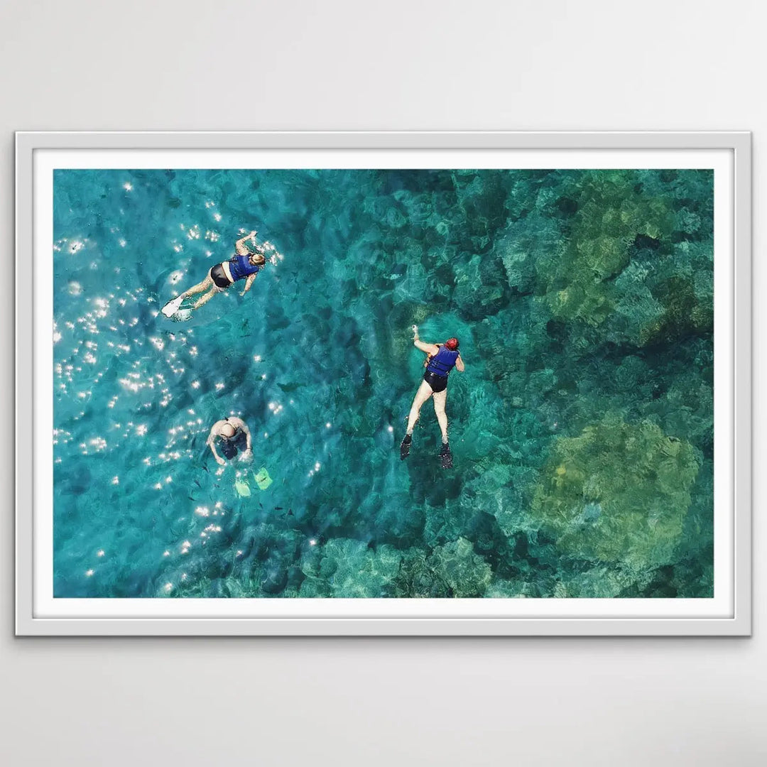 Dive On In- Aerial Photographic Snorkelling Diving Print Of Divers On A Reef I Heart Wall Art Australia 