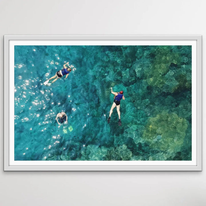 Dive On In- Aerial Photographic Snorkelling Diving Print Of Divers On A Reef I Heart Wall Art Australia 