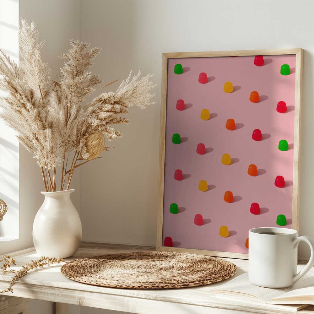 Dots Candy Gum Drops - Repeating Pattern On Pink Background - Stretched Canvas, Poster or Fine Art Print - I Heart Wall Art - Poster Print, Canvas Print or Framed Art Print