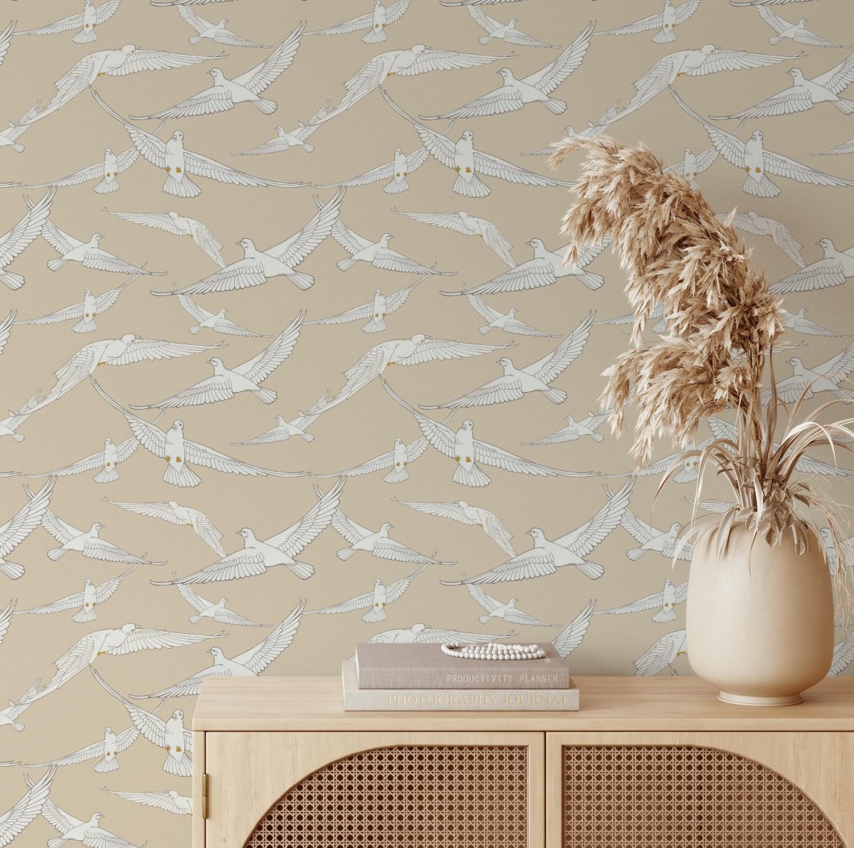Doves In Flight - Natural Toned Contemporary Wallpaper - I Heart Wall Art - Poster Print, Canvas Print or Framed Art Print