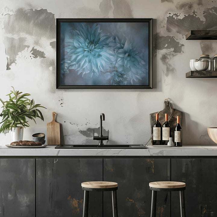 Dreamy Blue Dahlias - Floral Photographic Stretched Canvas Poster or Fine Art Print