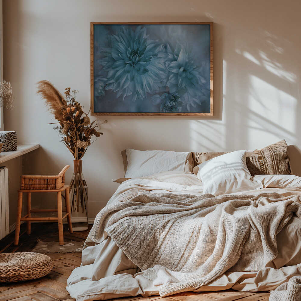 Dreamy Blue Dahlias - Floral Photographic Stretched Canvas Poster or Fine Art Print