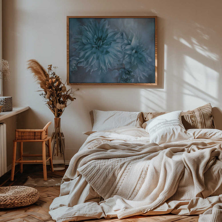 Dreamy Blue Dahlias - Floral Photographic Stretched Canvas Poster or Fine Art Print