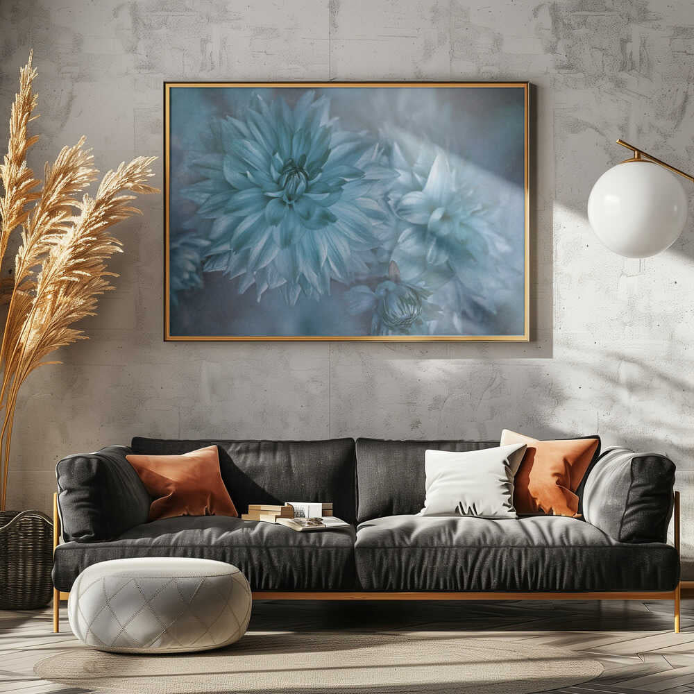 Dreamy Blue Dahlias - Floral Photographic Stretched Canvas Poster or Fine Art Print