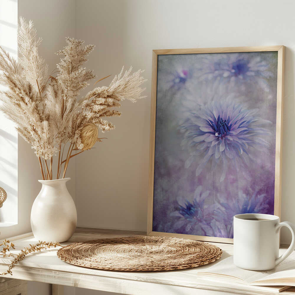 Dreamy Blue Flowers - Floral Photographic Stretched Canvas Poster or Fine Art Print