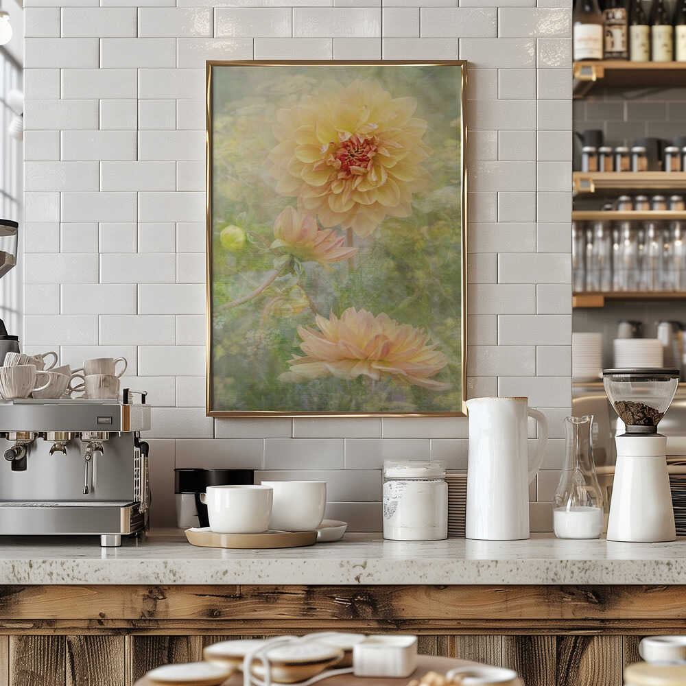 Dreamy Pastel Dahlias - Floral Photographic Stretched Canvas Poster or Fine Art Print