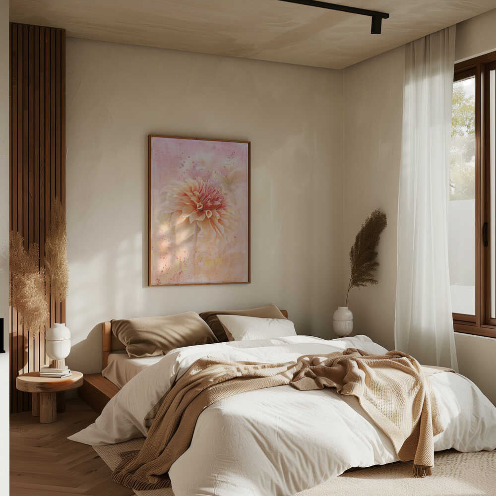 Dreamy Peach Dahlia - Floral Photographic Stretched Canvas Poster or Fine Art Print