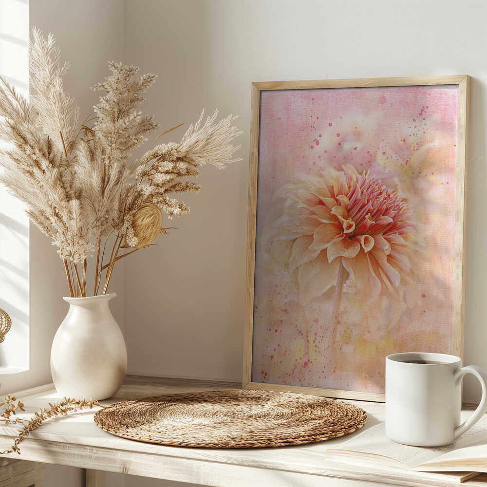 Dreamy Peach Dahlia - Floral Photographic Stretched Canvas Poster or Fine Art Print