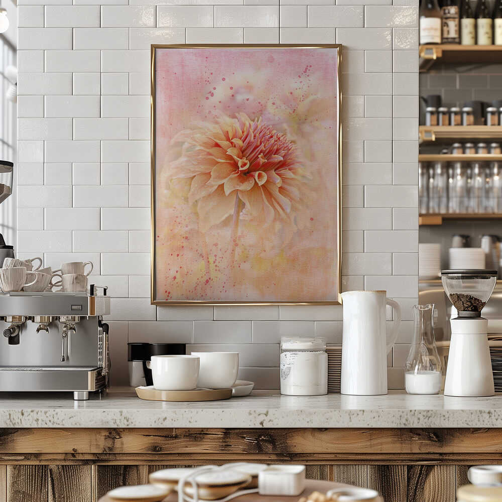 Dreamy Peach Dahlia - Floral Photographic Stretched Canvas Poster or Fine Art Print